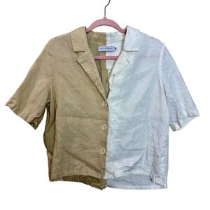 OHSEVENDAYS Color Block Linen Button Down Short Sleeve Shirt Two-Tone Size M